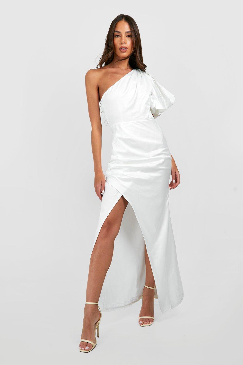 One Shoulder white Dress long sleeve